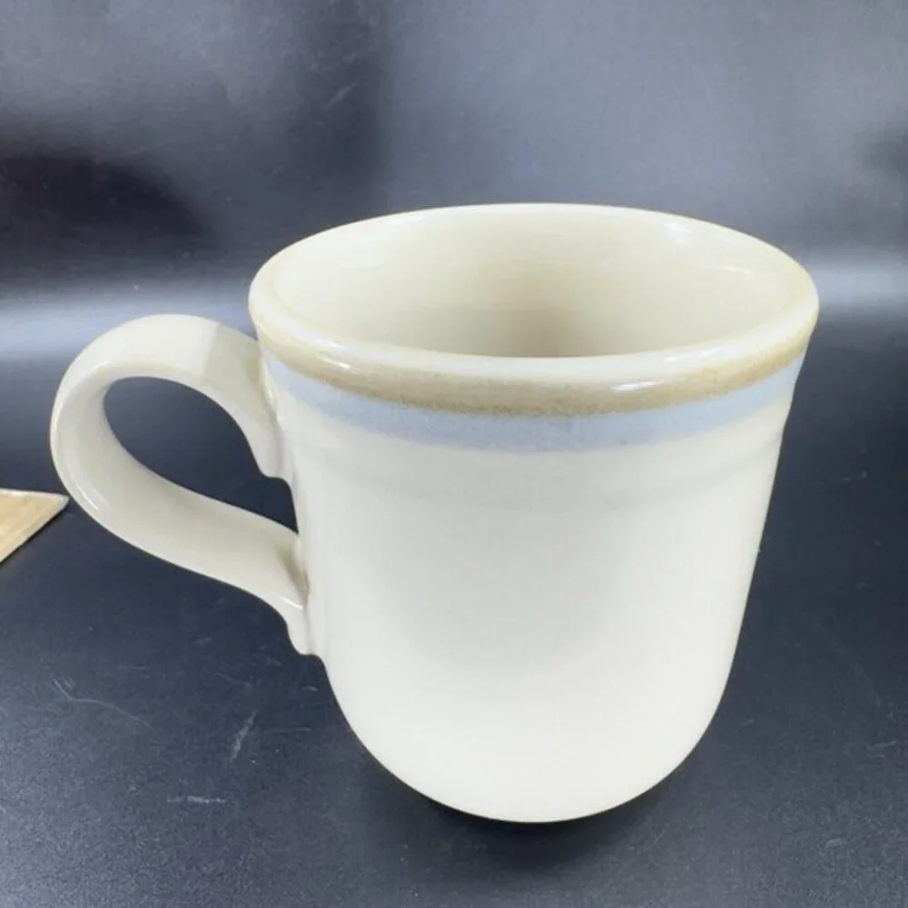 Noritake Stoneware Polar Coffee Mug Cup Tan With Blue Line 1970s Ceramic Mug Cup